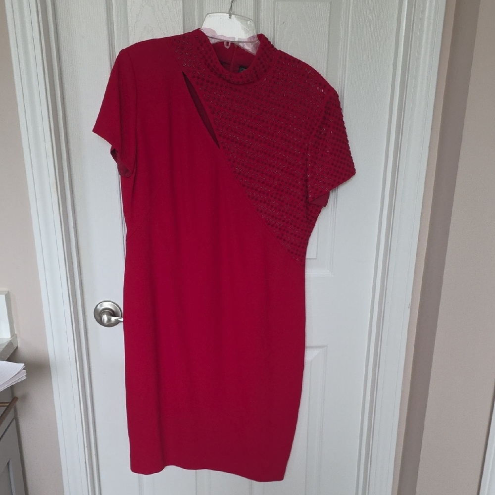 Liz Claiborne Red One-Shoulder Shift Dress with Crochet Overlay